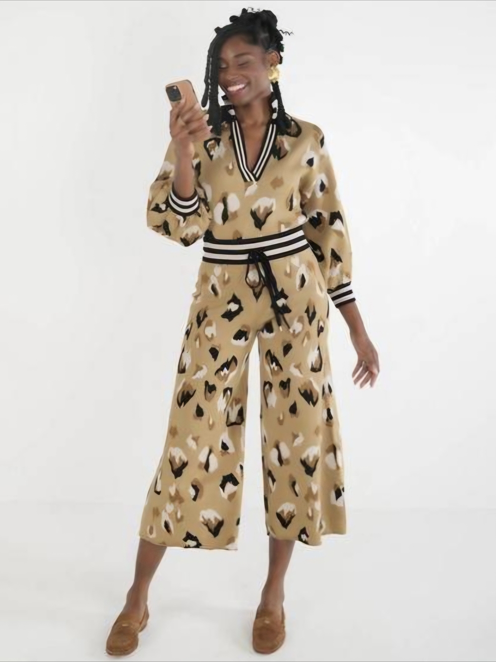 Emily McCarthy Lolli Sweater Cocoa Brushed Cheetah Print Striped Detail - XS